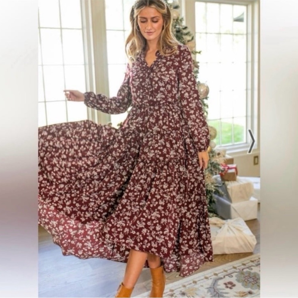 Ivy City Co Burgundy Floral Long Sleeve Dress